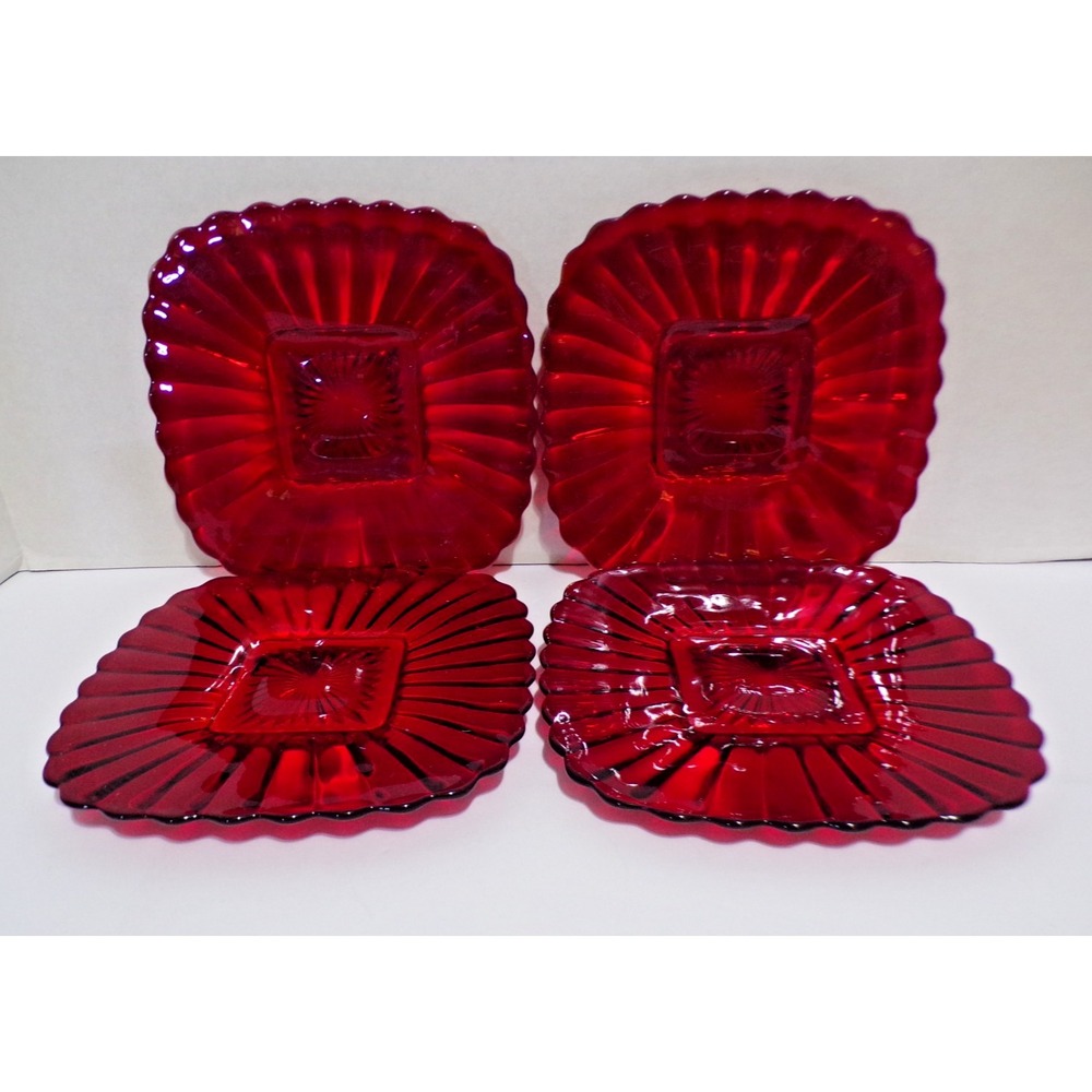 Anchor Hocking 50's Ruby Red 8" Square "Charm" Ribbed Plates Square Footed 4 VTG